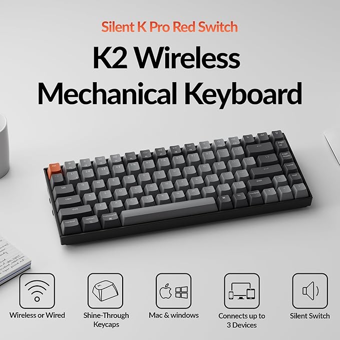 Keychron K2 75% Layout Bluetooth Wireless Mechanical Gaming Keyboard Silent K Pro Red Switch/White LED Backlit/USB C/Anti Ghosting/N-Key Rollover, 84 Keys, for Mac Windows