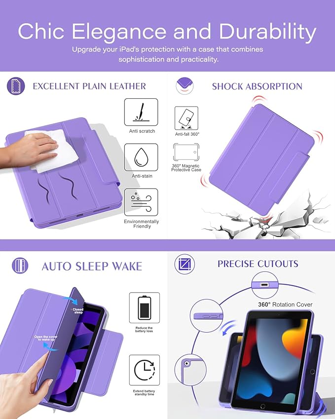 ZENLU iPad 9th 8th 7th Generation Magnetic Case with Removable Folio Cover, Premium Semi-Silicone Leather, Vertical Stand, Clear Back, Smart Sleep/Wake, Full Protective Case for 10.2" iPad (Purple)