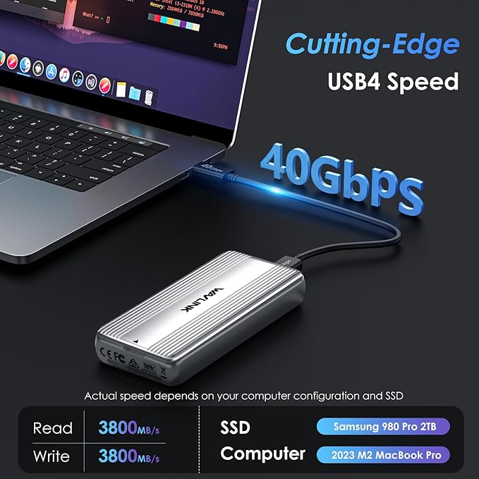 WAVLINK 40Gbps M.2 NVMe Enclosure Compatible with MacBook/Mac mini M4/M3/M2/M1, SSD Enclosure for TBT4/TBT3/USB4/USB3.2 and More, Supports 2230/2242/2260/2280 B+M/M-Key PCIe SSD, Built-in Fan Cooling