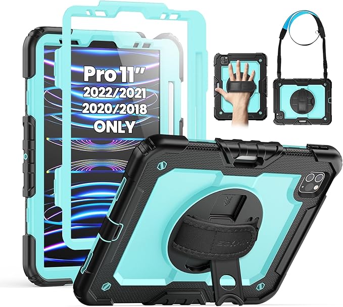 SEYMAC Case for iPad Pro 11 Case 4th/ 3rd/ 2nd/ 1st Gen (2022/2021/2020/2018), Full-Body Shockproof Protective Case with Screen Protector, 360° Rotating Stand and Hand/Shoulder Strap, Sky Blue