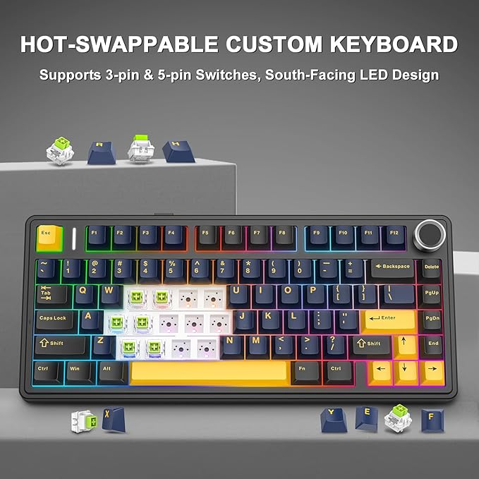 AULA F75 - 75% Wireless Mechanical Keyboard,Hot Swappable Custom Gaming Keyboard with Knob,BT5.0/2.4GHz/USB-C,RGB Backlit,Pre-lubed Reaper Switches,Double Shot PBT Keycaps,Mechanical Gaming Keyboards