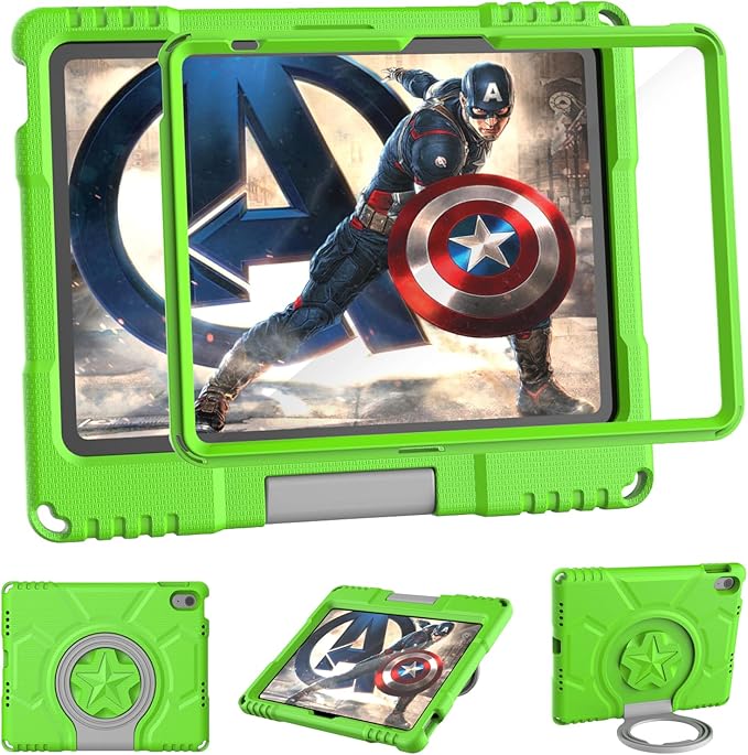 Kids Case for iPad 10th Generation 10.9-inch (2022) & iPad Air 11-inch M2 (2024) & iPad Pro 11-inch M4 (2024), Lightweight Shockproof Case Built-in Screen Protector with Handle Stand, Green