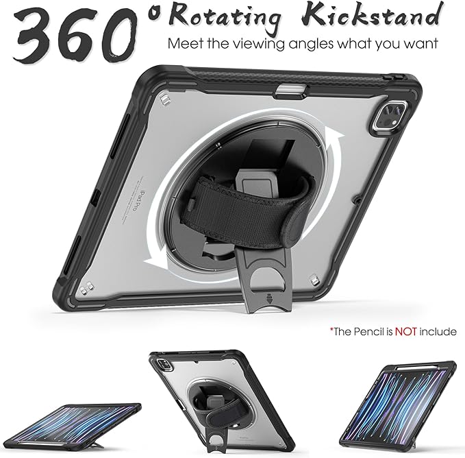 BRAECNstock case for iPad Air 13 Inch M4 2026/ M3 2025/ M2 2024 & Pro 12.9 inch 6th/5th/4th/3rd Generation 2022-2018 Cover with Screen Protector,Pencil Holder,360°Rotate Stand-Black