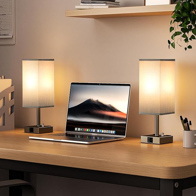 aooshine Grey Fully Dimmable Nightstand Lamps Set of 2 - Table Bedside Lamp with USB C+A Charging Ports & 2 AC Outlets, Square Lamp Sets Linen Fabric Shade for Bedroom Living Room(Bulb Included)