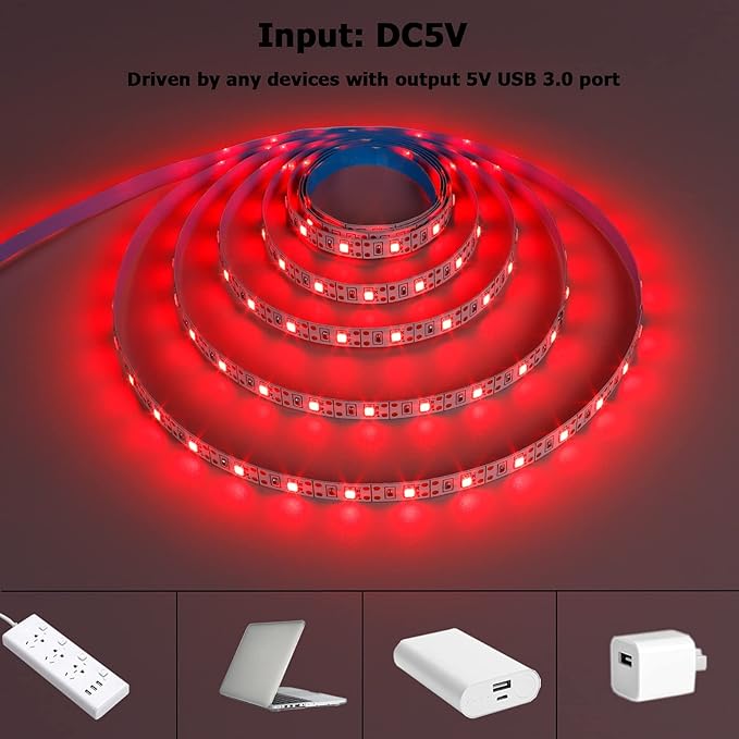 USB Red 620-625nm LED Strip Light 5V USB Powered 13.12ft/4M 240LEDs Flexible SMD2835 High Brightness No-Waterproof IP20 LED Tape Lights(2pcs x 6.6ft)