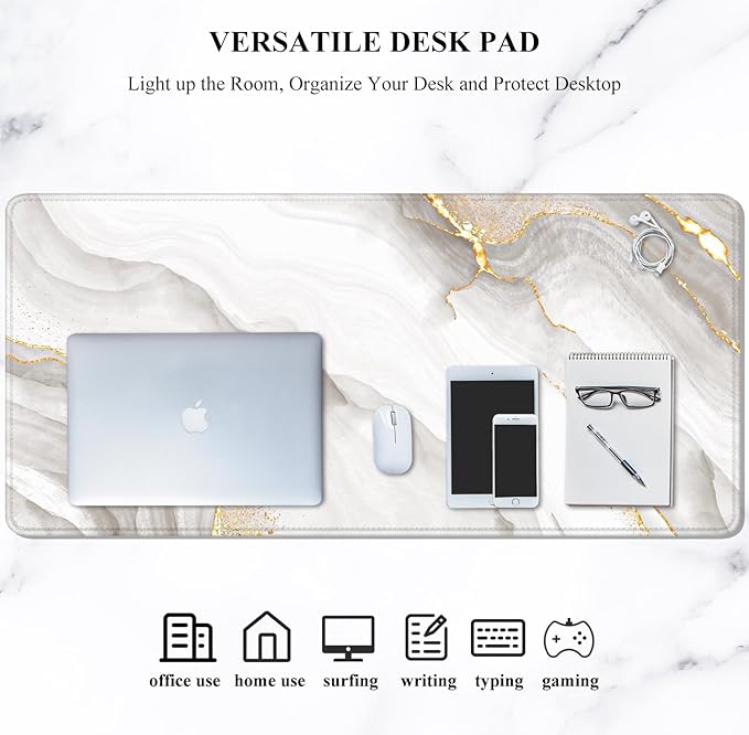 Auhoahsil Large Mouse Pad, XXL Gaming Mousepad, Desk Mat for Desktop, Thick Rubber, Big & Long Size, Stitched Edges, Full Desk Pad for Laptop & Computer, Extended 35.4 x 15.7 in, Gold Gray Marble