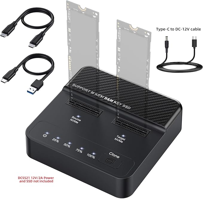 Cloner Dual-Bay NVME M.2 M-Key to USB-C Type-C One-Click Offline Clone Backup Enclosure 20Gbps Hyper Vertical Duplicator