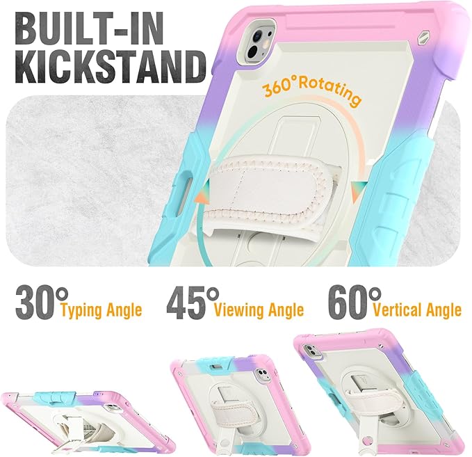 HXCASEAC for iPad Pro 13 Inch Case (M5/M4) 2025/2024, Shockproof Design with Pencil Holder, Protector, Rotating Stand, Hand Strap, Heavy Duty Protective iPad Pro13 Cover A3360 A2925, Rainbow Pink