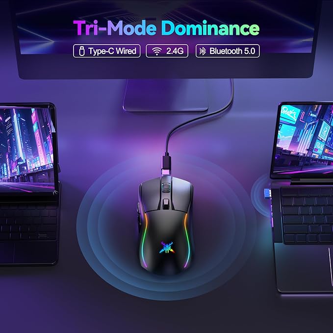 TECKNET Tri-Mode Wireless Gaming Mouse, RGB Backlit Bluetooth 5.0/2.4G/USB-C Rechargeable Ergonomic Mouse with 6 Programmable Buttons, 24000 DPI, 1000Hz Polling Rate, for PC Laptop Mac Gamer