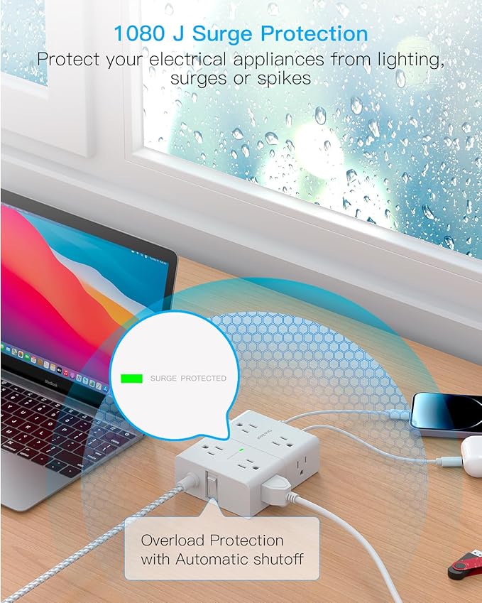 Surge Protector Power Strip 15 Ft Cord, Ultra Thin Flat Extension Cord with 8 Outlets 4 USB Ports(2 USB C), Flat Plug Power Strip, 15 Ft Long Braided Power Cord for Home, Office, Dorm Room Essentials