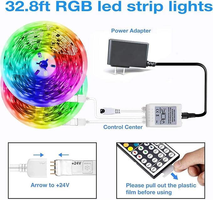DAYBETTER Led Strip Lights 32.8ft Kit with Remote and Power Supply Color Changing
