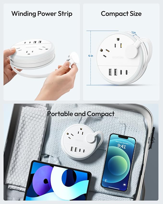 NTONPOWER Travel Power Strip, Travel Essentials, Cruise Essentials 2026 3 Outlets 4 USB Ports(2 USB C), 4FT Wrapped Around Extension Cord for Travel Cruise Ship Beach Vacation Essentials White
