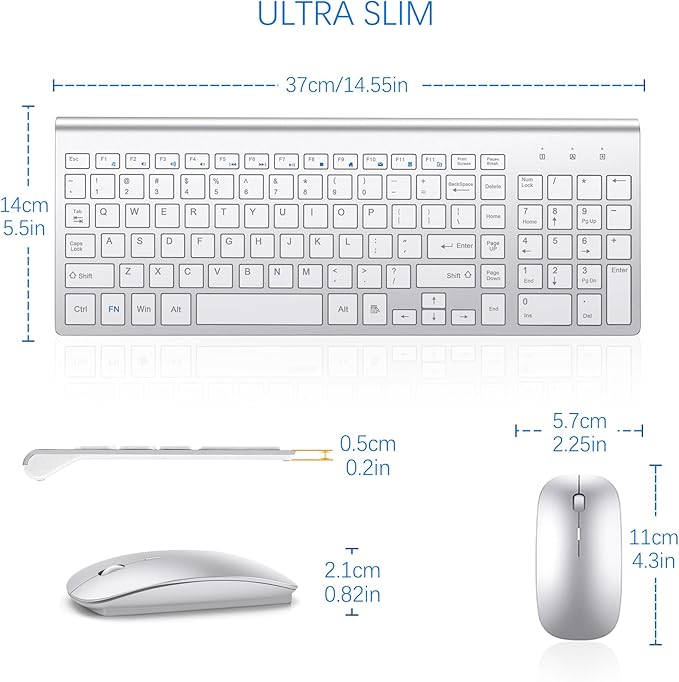 TopMate Wireless Keyboard and Mouse Ultra Slim Combo, 2.4G Silent Compact USB 2400DPI Mouse and Scissor Switch Keyboard Set with Cover, Batteries Included, for PC/Laptop/Windows/Mac - Silver White