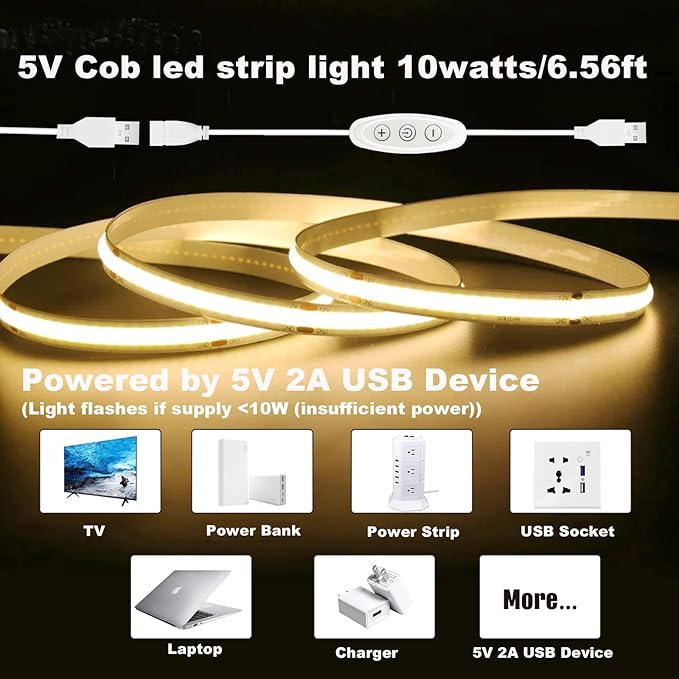 USB Light Strip Warm White 3000K CRI 92+ Small Dimmable COB LED Strip Light Cuttable 5V USB Powered 6 ft 10W for TV Backlight Cabinet Bedroom Indoor DIY Lighting Project