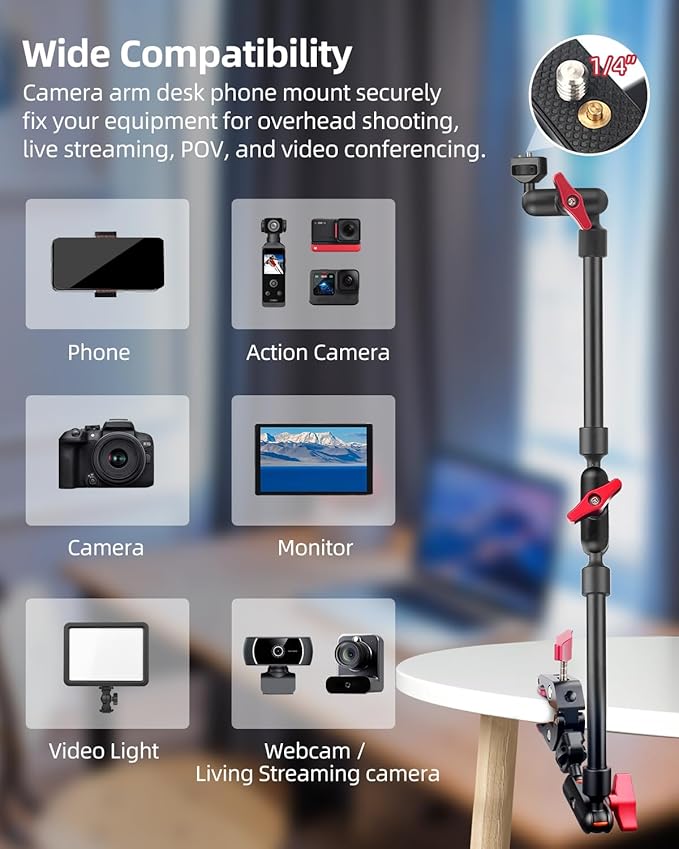 22" Magic Arm w Clamp Mount, Overhead Desk Phone Mount Stand, Adjustable Articulating Friction Camera Boom Arm w 1/4" Thread for Phone Video Light Webcam Action Camera Tripod Mic