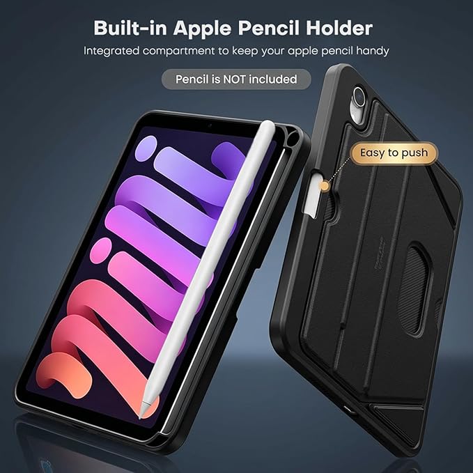 OMOTON Case for iPad mini 7 A17 Pro 7th Generation Mini 6 6th Gen (8.3-inch, 2024/2021), Soft TPU Protective Cover with Mutiple Angle Adjustible Kickstand and Pencil Hoder, Black