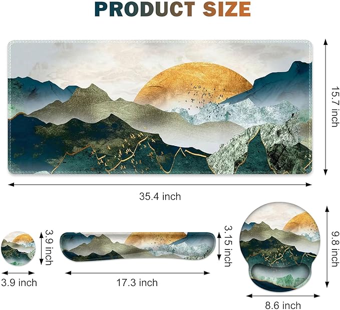 Gaming Mouse Pad, Large Desk Mat, Cute Desk Pad Protector, 4in1 XXL Mousepad +Keyboard Wrist Rest+Mouse Wrist Rest+Coaster Set with Ergonomic Desk Pad for Home Office Table Computer Green Mountain