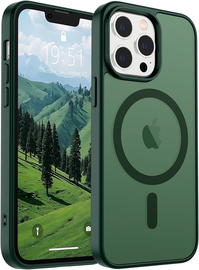 SUPFINE Magnetic for iPhone 13 Pro Case (Compatible with MagSafe) (Military Grade Drop Protection) Translucent Matte Shockproof with Anti-Fingerprint Phone Case,Forest Green