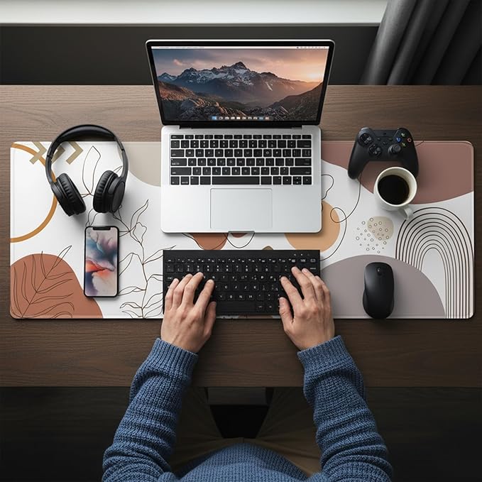 Boho Large Desk Mat (31.5 x 11.8 Inch), Abstract Minimalist Mouse Pad with Stitched Edges, Beige Terracotta Line Art Floral Keyboard Mat, Non-Slip Laptop Pad, Modern Home Office Decor