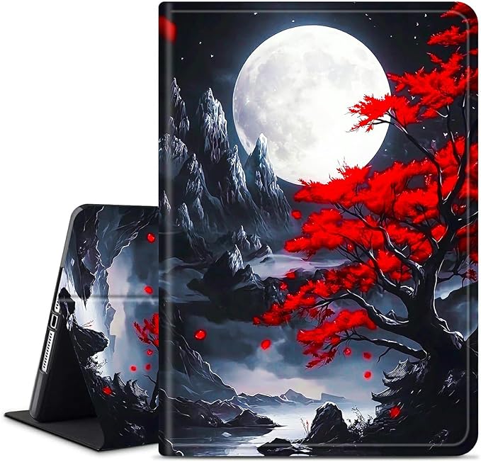 for Amazon Kindle Fire HD 10 & 10 Plus (13th/11th Generation, 2023/2021 Release) 10.1" Tablet Case, Slim Kickstand Stand Leather Smart Cover with Auto Wake/Sleep, Red Leaf Moon
