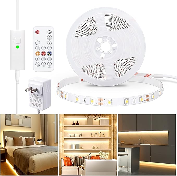WOBANE Warm White LED Strip, Dimmable LED Light Strips with RF Remote and ETL Listed Adapter, 16.4ft Flexible Tape Lights for Kitchen,Under Cabinet,Bedroom, 3000K,300 LEDs Rope Light