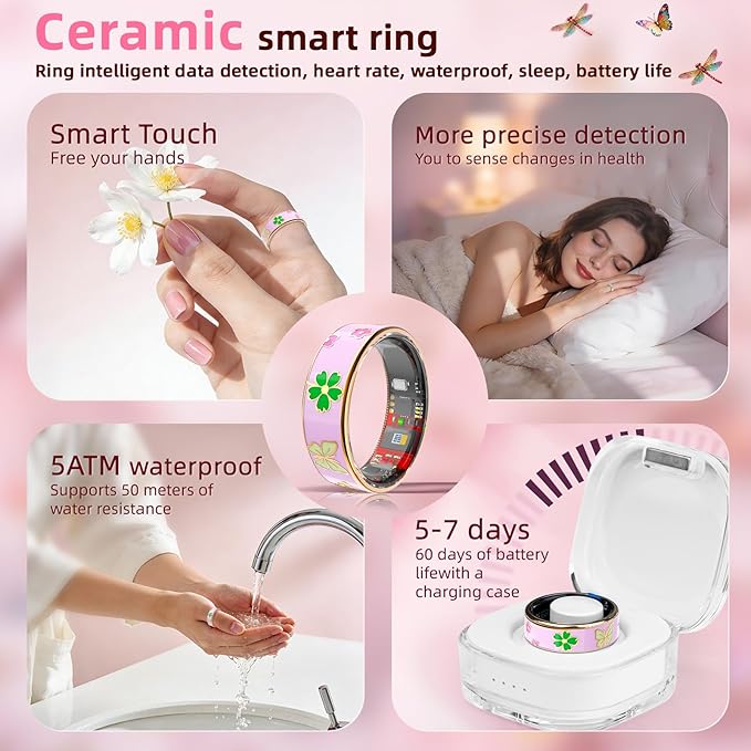 Smart Ring Men & Women Ring Sleep Tracker Pedometer Long Battery Life No Subscription Fee, IP68 Waterproof((Pink, 8)