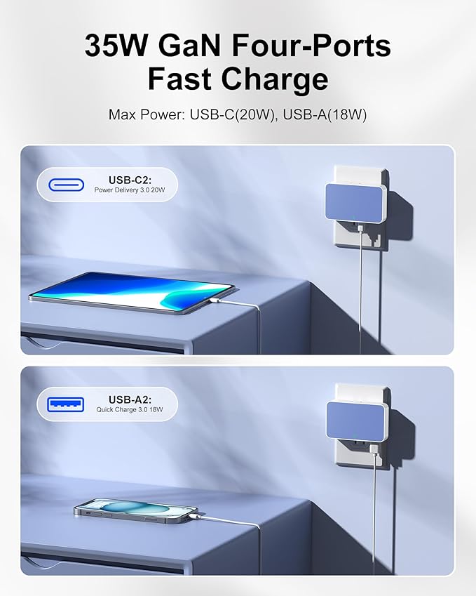 Flat USB Wall Charger 4 Ports Slim 35W USB-C/A Flodable Plug Fast Charging Block for iPhone 8/9/10/11/12/13/14/15 Multiport Power Charging Adapter for ipad and Galaxy Series S8-10 Blue