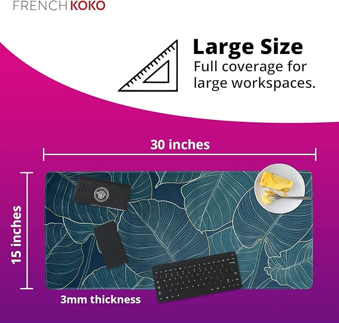 French KOKO Large Mouse Pad, Desk Mat, Keyboard Pad, Desktop Home Office School Essentials College Cute Decor Big Extended Protector Computer Accessories Pretty Mousepad Women Girls XL Green Leaves