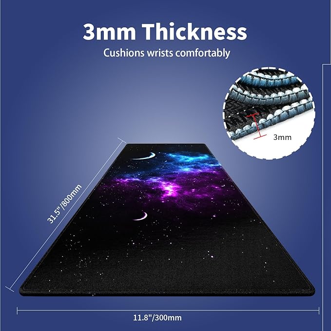 Wknoon. Extra Large Gaming Mouse Pad (31.5" x 11.8") with Durable Stitched Edges – A Blend of Blue and Purple Nebulae with Space Planets Cosmic Galaxy Dance, Anti-Slip Base Extended XXL Desk Mat