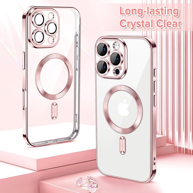 Hython Magnetic Clear for iPhone 16 Pro Case with Camera Lens Protector [Compatible with MagSafe] Luxury Plating Edge Slim Soft TPU Cover Protective Phone Case for iPhone 16 Pro 6.3", Pink