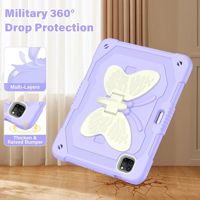 HOGENL for iPad Pro 11 inch Case for Kids Girl with Pencil Holder, for iPad Air 5th/4th Generation Case 10.9" with Butterfly Stand Shoulder Strap Protective Cover for pro 11 4th/3rd/2nd/1st, Purple