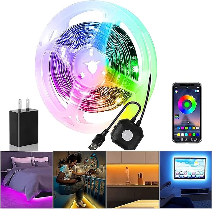 Motion Activated Under Bed Lights,9.84FT App Control Dimmable Night RGB Led Strip Lights,Motion Sensor LED Light Strip with 5V USB, Variety Color Dynamic Modes Music Sync for Cabinet Bedroom Stairs