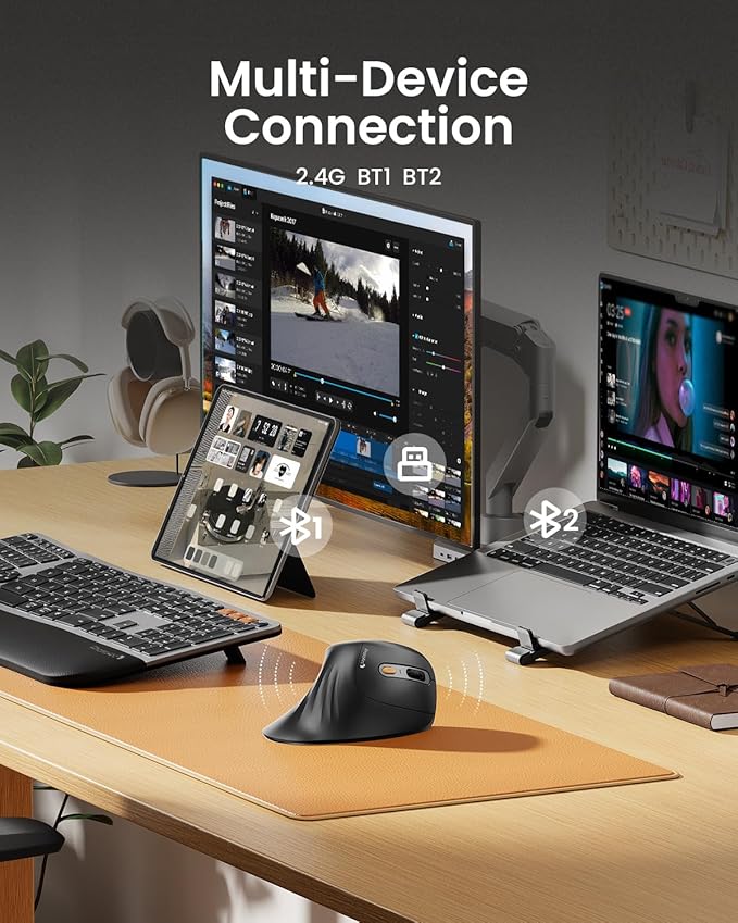ProtoArc Ergonomic Mouse, EM11 NL Bluetooth Rechargeable Wireless Vertical Mouse, 3 Multi-Device Connectivity for Computer/PC/Laptop, 2.4GHz USB-A Optical Mice for Windows, Mac OS, Gray