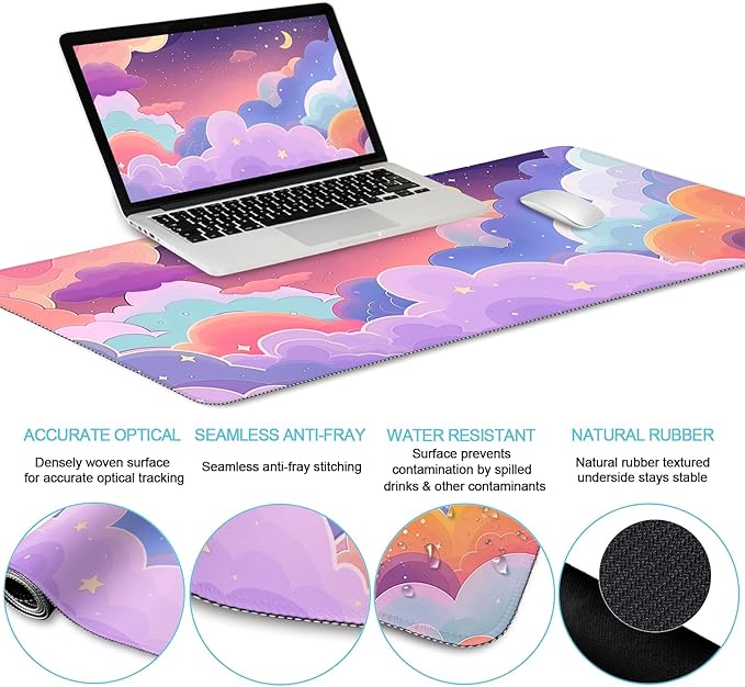 LIMKRIAN Purple Mouse Pad Large Desk Mat Set, Kawaii Clouds Ergonomic Mouse Pad with Wrist Rest Keyboard Wrist Support XXL Mousepad Cup Coaster Set, Cute Purple Office Desk Accessories Decor Supplies