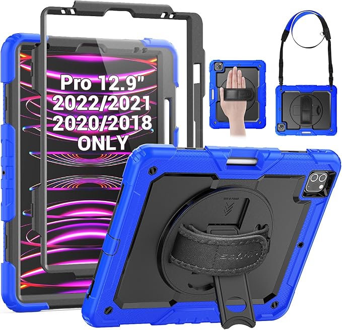 SEYMAC Case for iPad Pro 12.9 2022/2021/ 2020/2018, Heavy Duty Protection Shockproof Case with Screen Protector, 360° Rotating Stand/Handle/Shoulder Strap, Supports Pencil 2 Charging, Blue