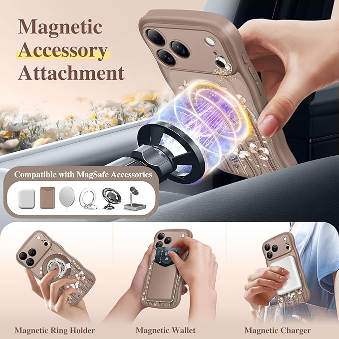 GVIEWIN for iPhone 17 Pro Max Case Compatible with MagSafe [Curly Wave Edge][Full Camera Protection] Floral Translucent Shockproof Magnetic Women Phone Case for 17 Pro Max, Autumnflit/Brown