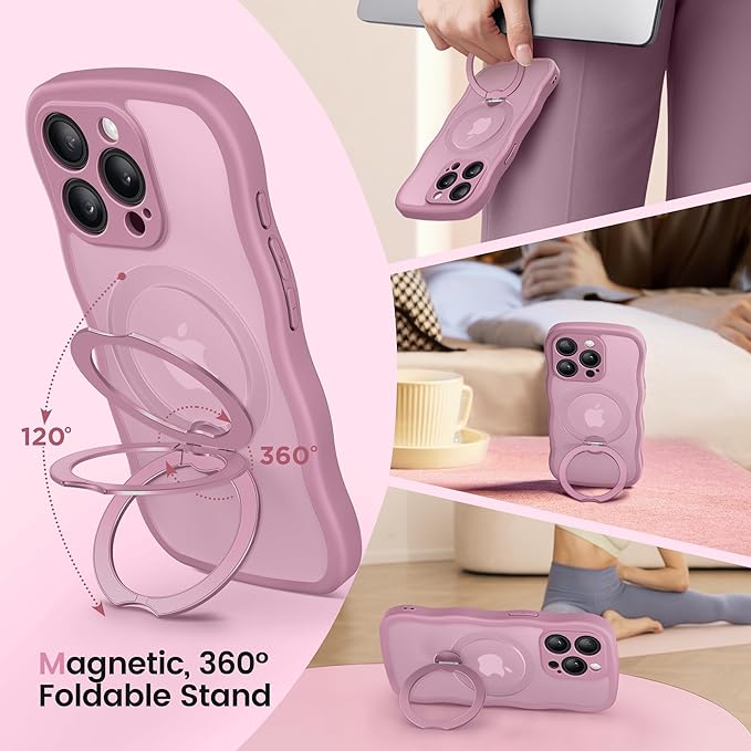 CAPRARO for iPhone 15 Pro Case with 360° Spin Magnetic Stand for Women, [Compatible with MagSafe] [Full Camera Protection] Cute Wave Translucent Matte Case for iPhone 15 Pro, Black Currant