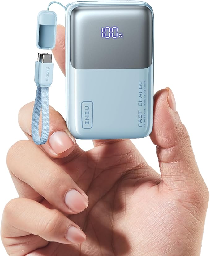 INIU Portable Charger, Ultra Mini 10000mAh 45W Fast Charging Power Bank, USB C Battery Pack with Cable, Flight-Safe Travel Powerbank for iPhone 17, Xiaomi 17 Pro, Teen Girls, Coffee Shop, Light Blue
