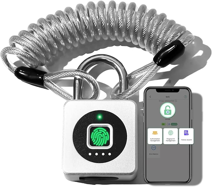Pothunder Fingerprint Padlock, Fingerprint Lock with APP, Padlock with Steel Cable Keyless Biometric, Waterproof Suitable for Gym, Locker, Helmet, Gate, Fence, Luggage