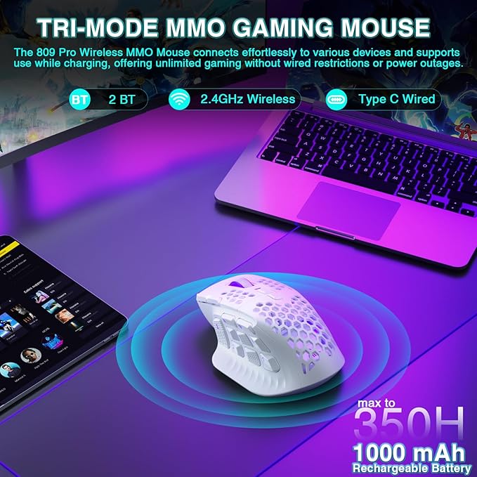 SOLAKAKA SM809 Pro MMO Gaming Mouse with 9 Side Buttons,24000 DPI RGB Mouse for Gamer,16 Programmable Macros MMO Mouse,White