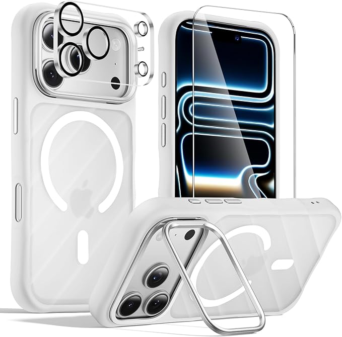 3-in-1 Set for iPhone 17 Pro Case with Camera Stand [1 Screen Protector & 1 Camera Lens Protector ][Fits MagSafe][Shockproof & Magnetic][Translucent Matte] Fashion Phone Case for 17 Pro (Silver)
