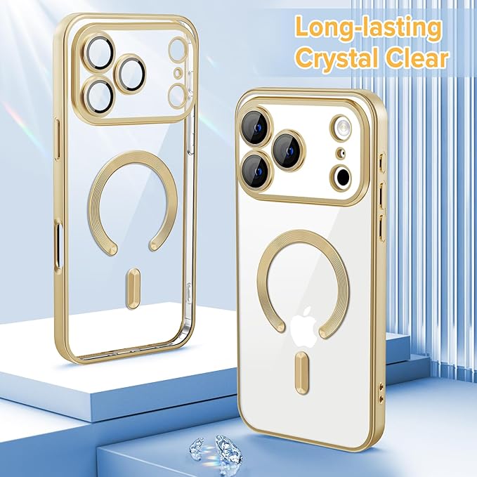 Hython Magnetic Clear for iPhone 17 Pro Max Case with Camera Lens Protector [Compatible with MagSafe] Plating Edge Slim Soft TPU Cover Protective Phone Case for iPhone 17 Pro Max 6.9", Matte Gold