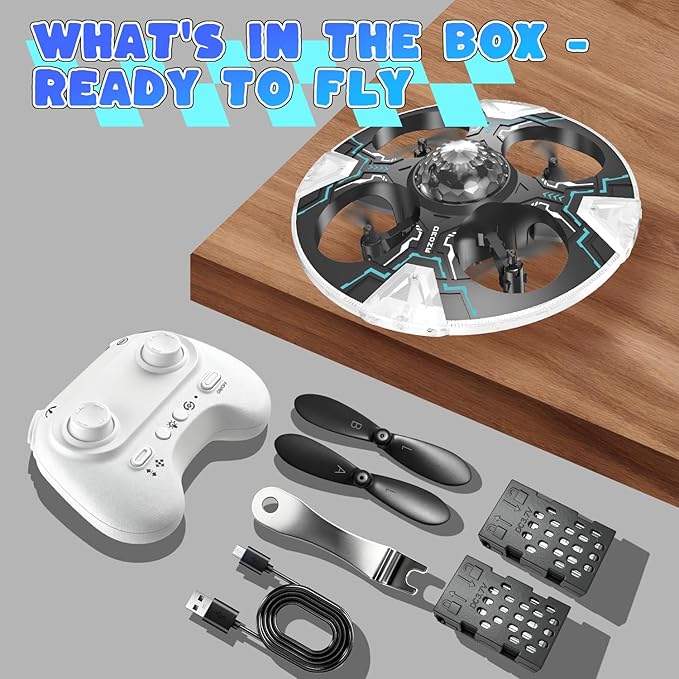 Mini UFO Drone for Kids – Safe RC Toy with 7 LED lighting modes, 360° Flips, Light Projection onto Ceilings, Auto Hover, Hand Gesture, 2 Batteries(14 Min Flight), Ideal Fun Gift for Kids