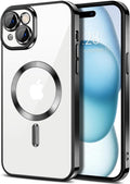 Hython Magnetic Clear for iPhone 15 Plus Case with Camera Lens Protector [Compatible with MagSafe] Luxury Plating Edge Slim Soft TPU Cover Protective Phone Case for iPhone 15 Plus 6.7", Black
