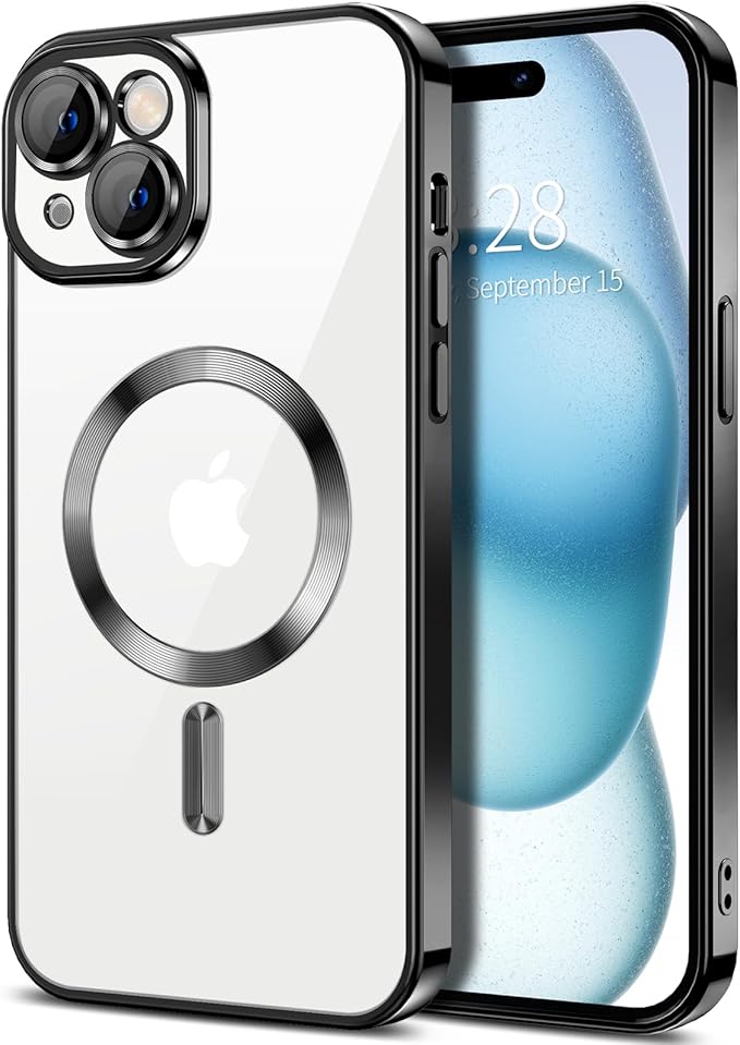 Hython Magnetic Clear for iPhone 15 Plus Case with Camera Lens Protector [Compatible with MagSafe] Luxury Plating Edge Slim Soft TPU Cover Protective Phone Case for iPhone 15 Plus 6.7", Black