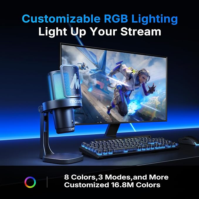MAONO DGM20W Wireless Gaming Microphone for PC, Condenser USB Mic with Boom Arm for Streaming, Touch Noise Cancellation, Quick Mute,Gain Control,RGB, Computer Condenser Mic for PS5 Twitch Discord