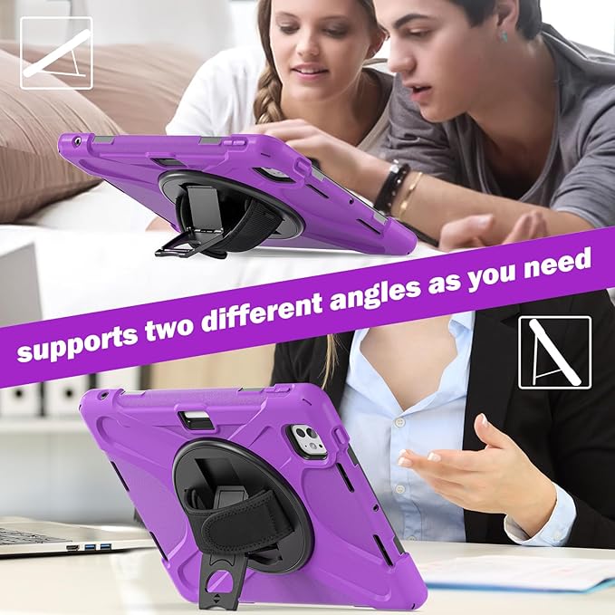 Batianda Case for New iPad Pro 11-inch 2025 M5 2024 M4 Chip Heavy Duty Rugged Durability Silicone Tablet Cover with 360° Rotating Hand Strap Foldable Hidden Stand & Shoulder Strap, Purple