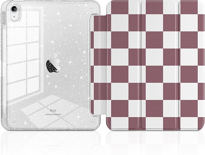 DONGKE for iPad Pro 11 inch Case – Fits M5 2025 / M4 2024, Shockproof Sparkling Glitter Acrylic Back, Pencil Holder, Trifold Stand, Auto Sleep/Wake & Touch ID Support - Brown Checkerboard