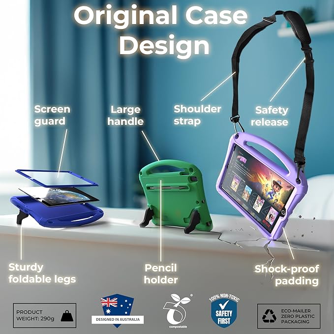 Bam Bino Space Suit iPad 9th Generation Case Kids, iPad 8th/7th/10.2 inch iPad Case for Kids | Lightweight Cover with Screen Protector, Handle, Stand, Shoulder Strap, Pencil Holder (Nebula Violet)