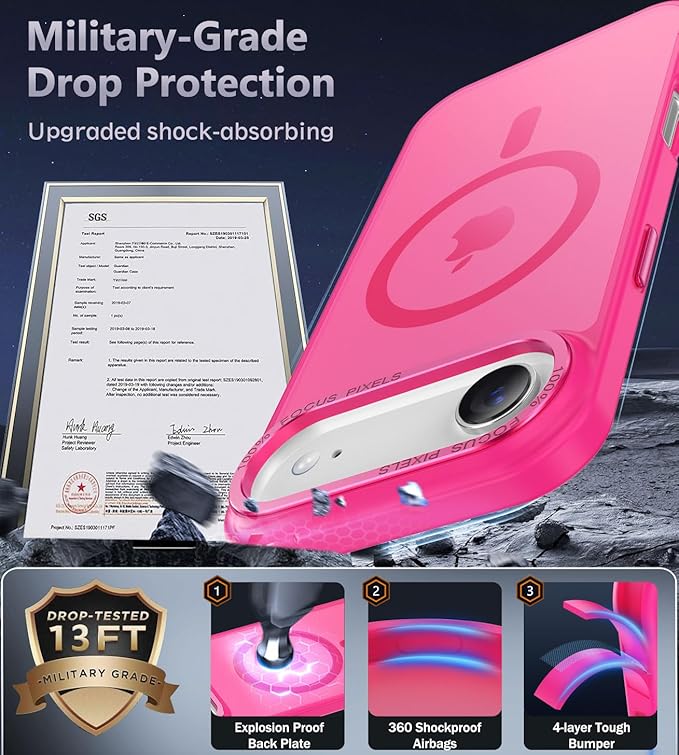 Newfuture Magnetic for iPhone Air Case [Compatible with Magsafe] [Military Grade Drop Protection] Translucent Matte Anti-Scratch Shockproof Protective Phone Cover 6.5 Inch, Hot Pink
